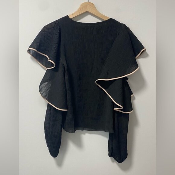 Club Monaco Ruffle-Sleeve Long Sleeve Blouse Black with White Trim – Size XS - Picture 7 of 12